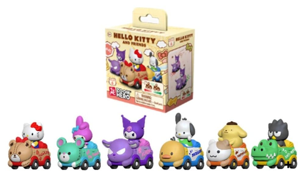 PRECOMENZI - Sanrio Zoom Hero Pullback Vehicles with Figures Hello Kitty and Friends Series 1 Blind Box Display (12)